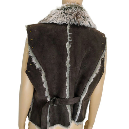 Faux Fur Mocha Brown Vegan Leather Lined Patchwork Studded Vest Size Large
