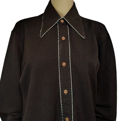 1970s Brown White Embroidered Wingtip Disco Collar Button Up Shirt Size 15 [Vintage]