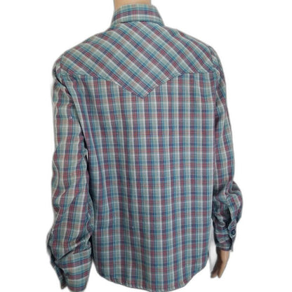 Metallic Shimmer Blue Vintage Western Cowboy Cowgirl Plaid Button Up Shirt Med