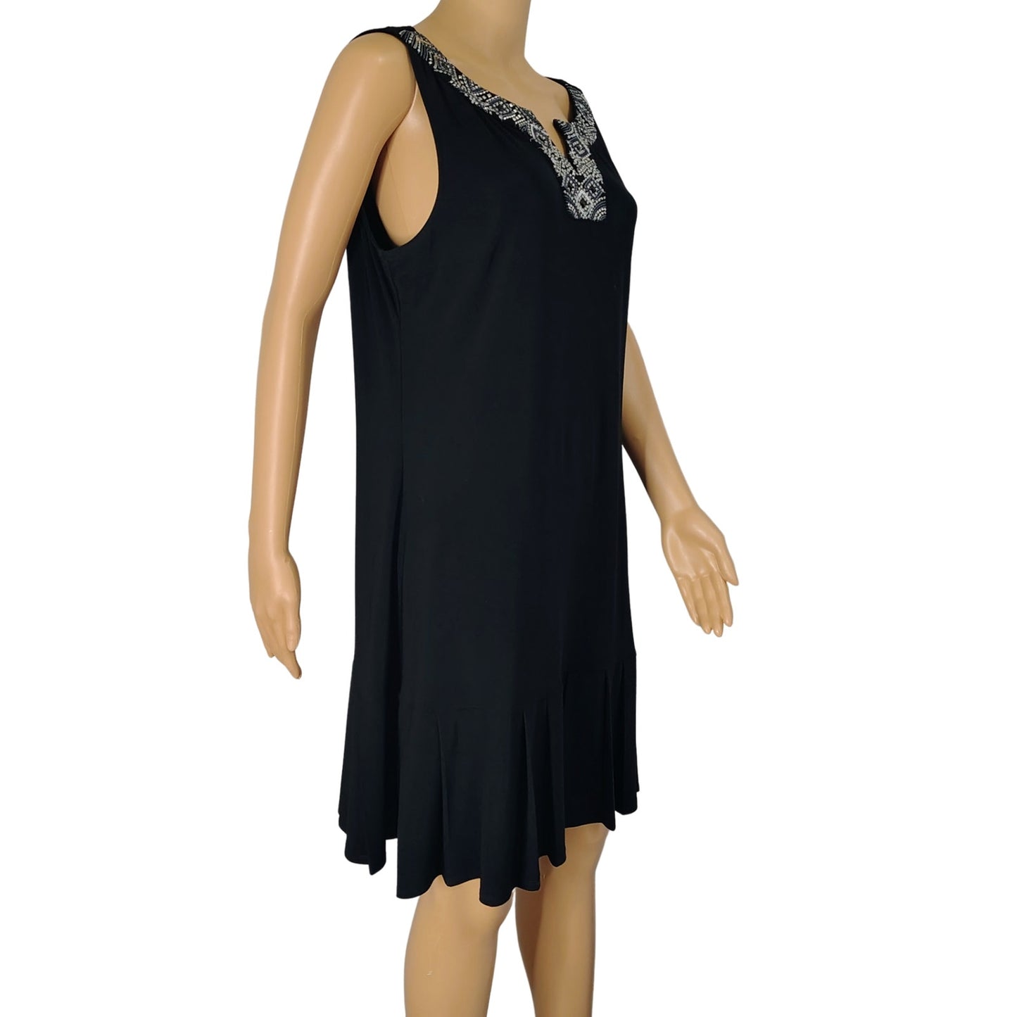 Black  Metallic Embellished VNeck Flapper Inspired Pleat Hem Drop Waist Dress