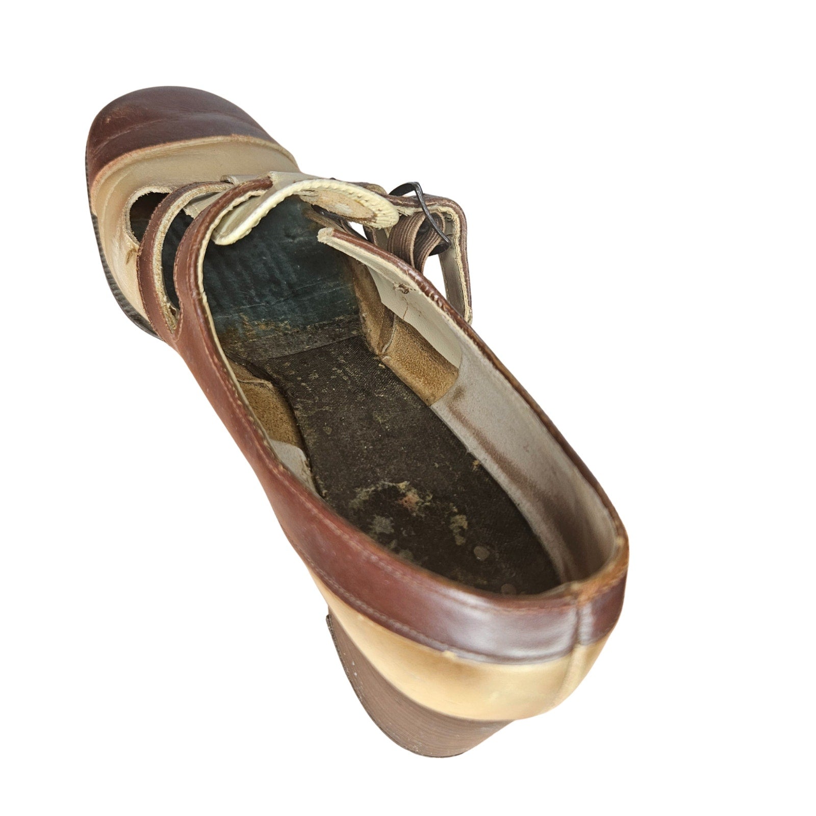 1930s Two-Tone Double-Strap Leather Mary Jane Round Closed Toe Block Heel Shoes [Antique]