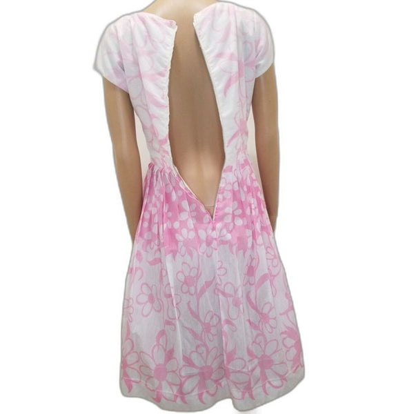 1950s Pink White Floral Handmade Pleated Fit Flare Short Sleeve Puffy Midi Dress Size Small [Vintage]