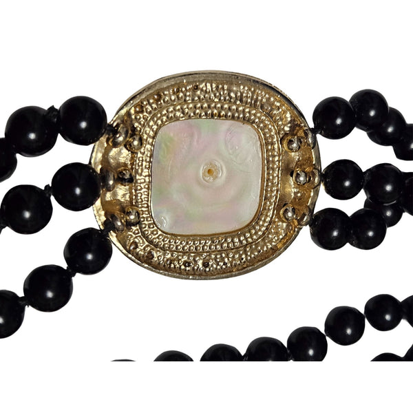 Vintage Black Glass Bead Triple Strand Square Pearl Crystal Statement Necklace