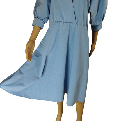 1990s Blondie Me Blue Jean Puffy Sleeve Fit Flare Dress Size Large Y2K [Vintage]