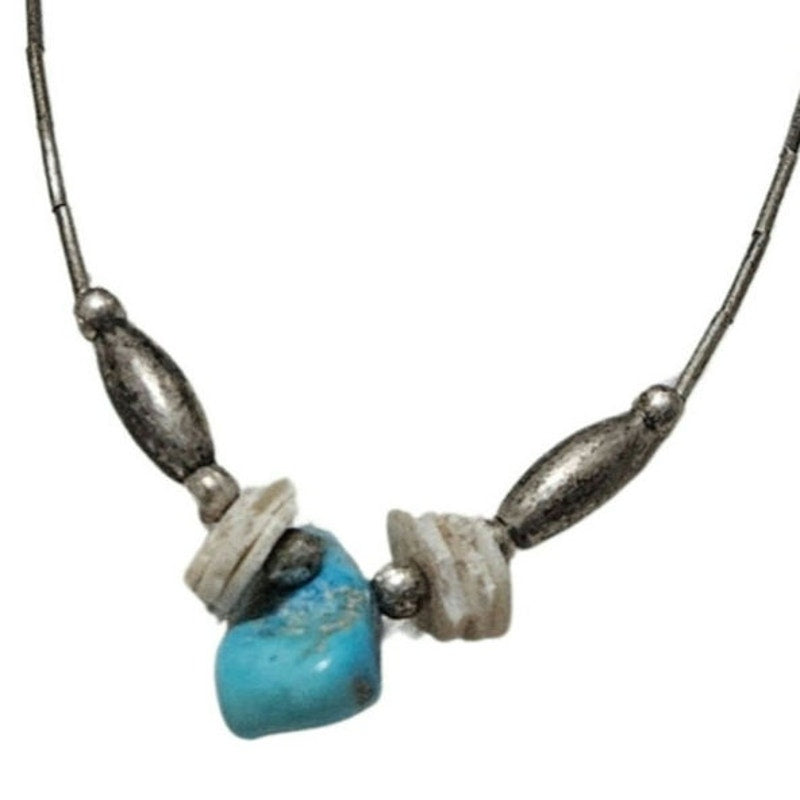 1970s Sterling Silver Liquid + Shell Beads + Uncut Turquoise Stone Necklace