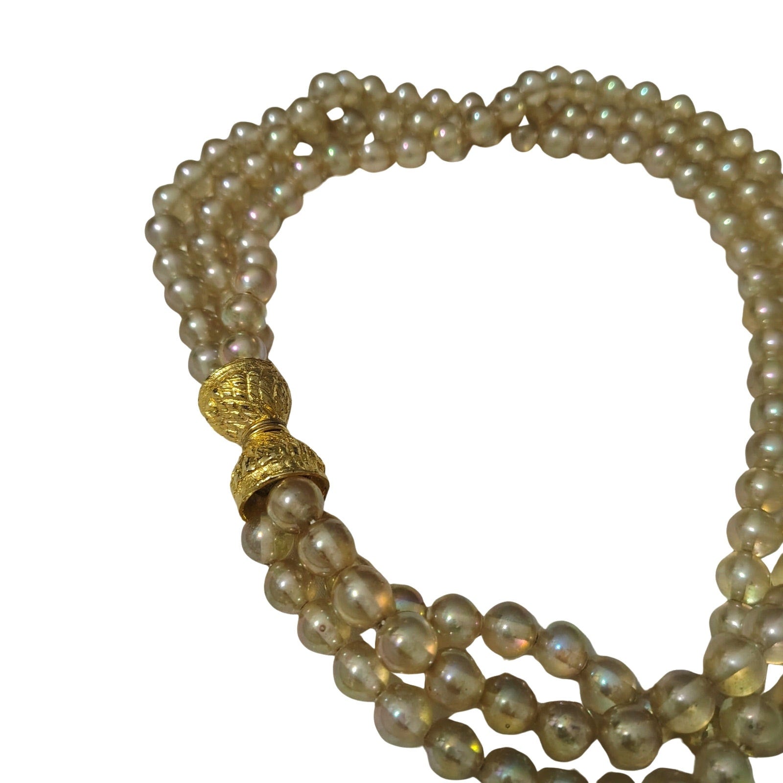 1960s Triple Strand Faux Champagne Pearl Choker Necklace Snap Clip Closure[Vintage]