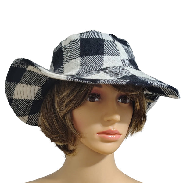 1980s Vintage Black White Plaid Floppy Bucket Hat Wide Brim Size Small