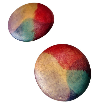 1980s Rainbow Boho Hippie Folk Art Flat Round Circular Button Wood Earrings [Vintage]