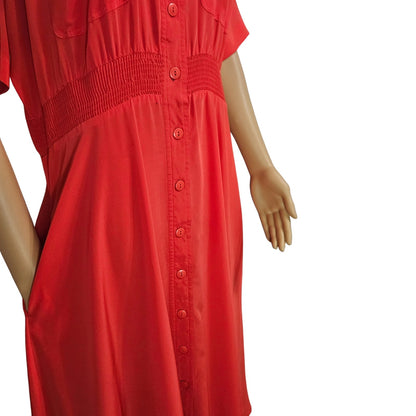 1990s Raoul Tomatoe Red Ruched Waist Short Sleeve Button Up Collar Dress Size 8