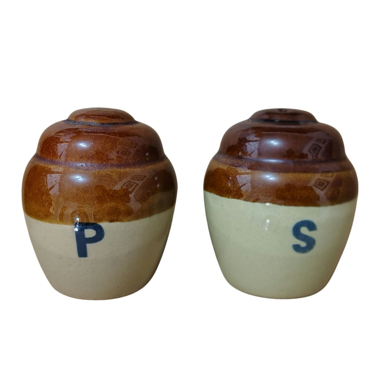 1970s Cruet Set Salt and Pepper Brown Cream Round Glazed Ceramic Shakers [Vintage]