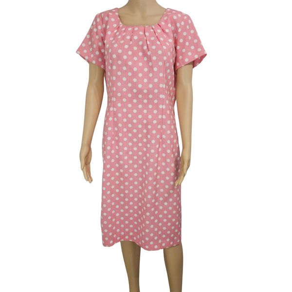 1940s Peach Polka Dot Rockabilly Short Sleeve Midi Back Long Zipper Dress Size 14 [Vintage]