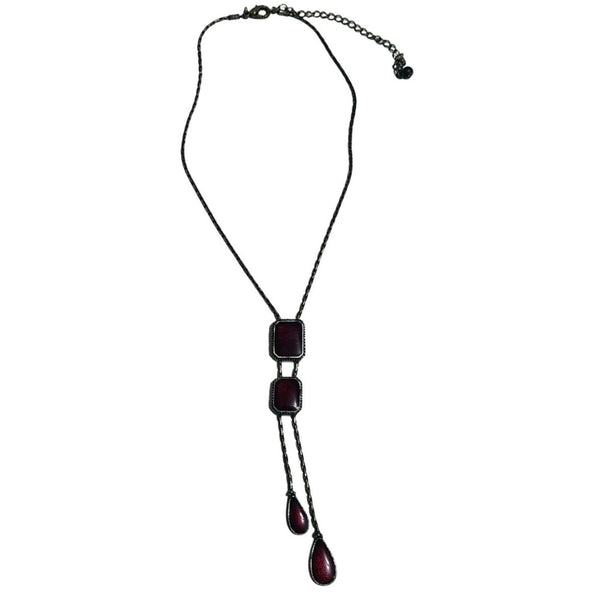 1980s Red Enamel Square Y Style Tear Drop Dangling Statement Silver Necklace