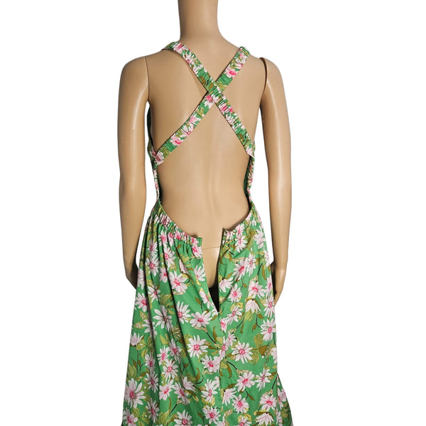 Storia Green Maxi Dress Pink Daisies Crisscross Strappy Top Open Back Size Large