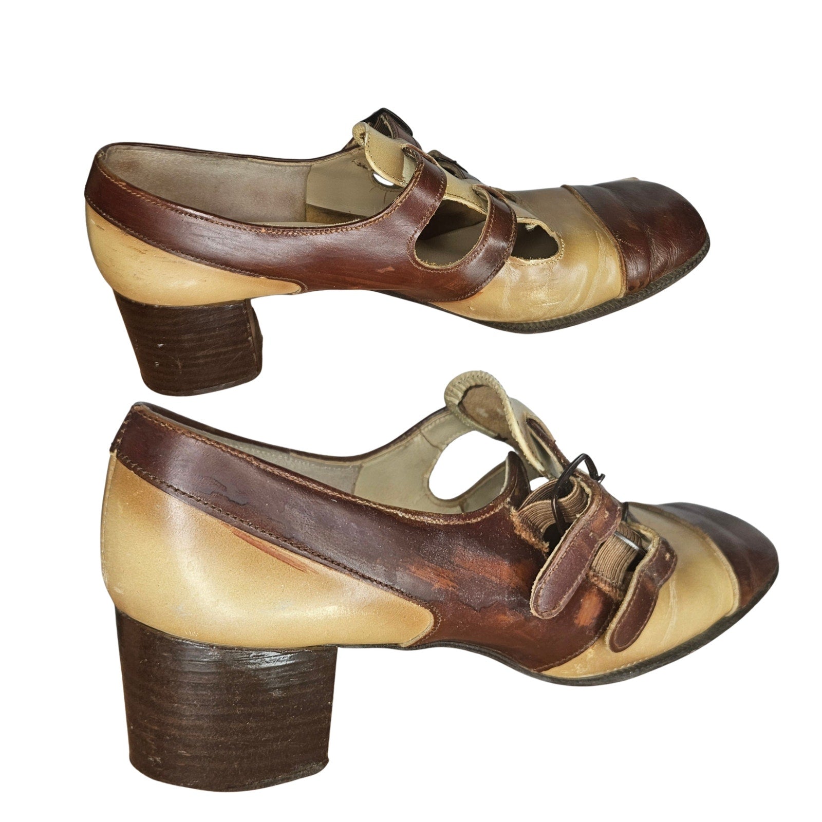 1930s Two-Tone Double-Strap Leather Mary Jane Round Closed Toe Block Heel Shoes [Antique]