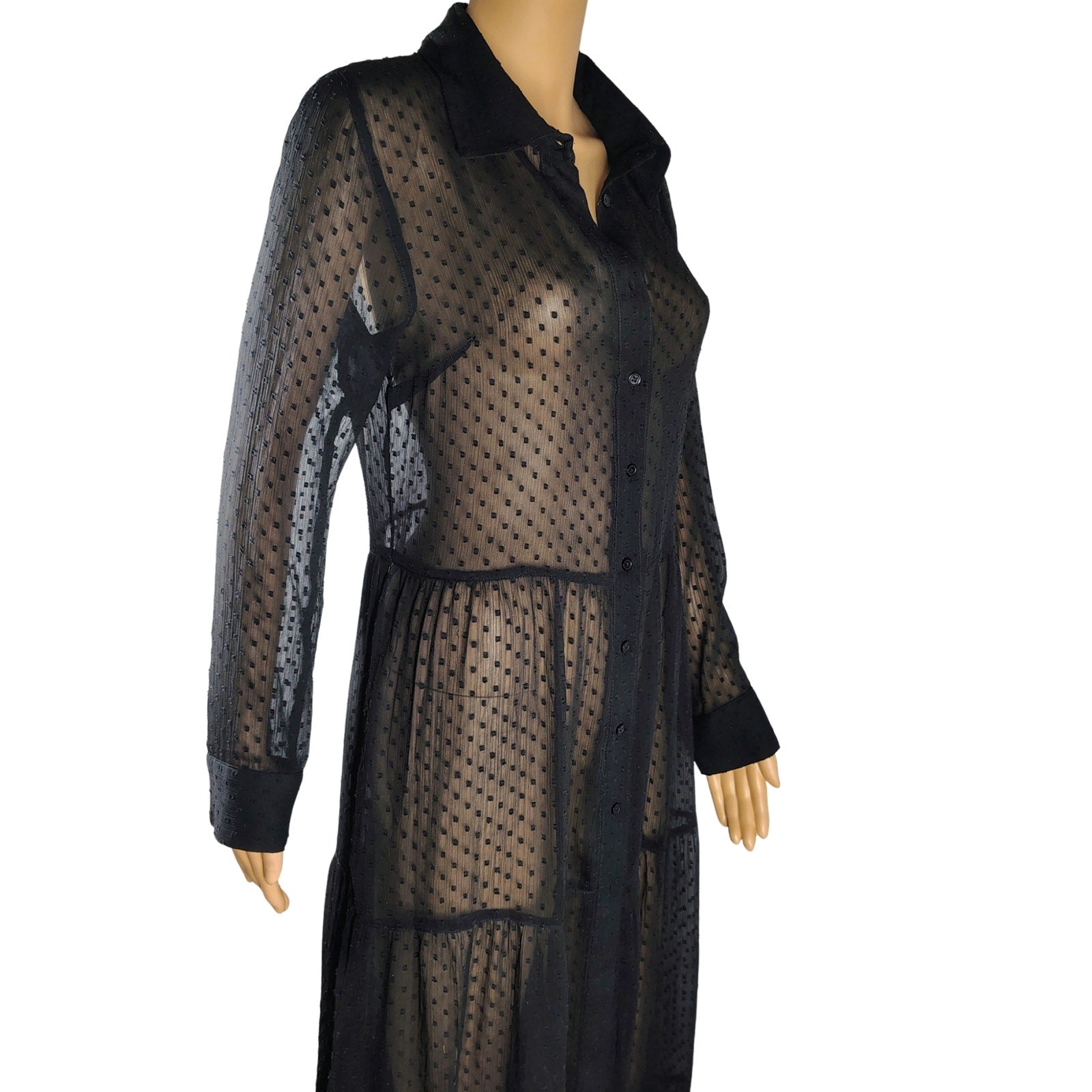 VENUS Black Sheer Polka Dots Button Up Flare Maxi Fold Down Collar Dress Size 8