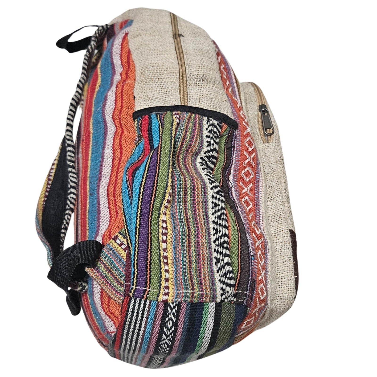 Tan Striped Handmade Pure Hemp THC FREE Laptop Holder Four Pocket Backpack