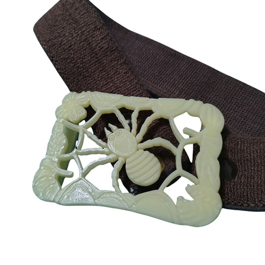 70s Plastic Spider Belt Buckle Wide Brown Elastic Snap Closure Cinching Belt 24