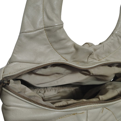 80s Cream Genuine Leather Patchwork Crescent Shoulder Bag Vintage Zipper Closure