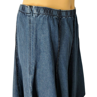 J Jill 100% Cotton Midi Denim Blue Panel Flare Skirt Elastic Waistband Size XSP
