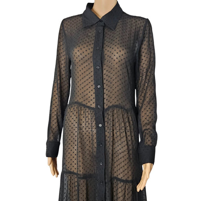 Black Sheer Polka Dot A Line Button Up Collar Shirt Dress Size 8 US 40 EUR