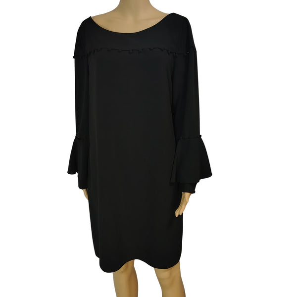 Laundry Shelli Segal Black Midi Dress Ruffled Flare Sleeves Pom Cut Out Size 12