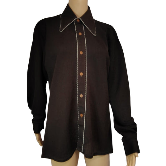 1970s Brown White Embroidered Wingtip Disco Collar Button Up Shirt Size 15 [Vintage]