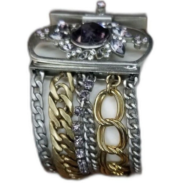 Vintage Layered Chain Link Gold Silver Tone Cuff Bracelet Crystal Adorned Flower