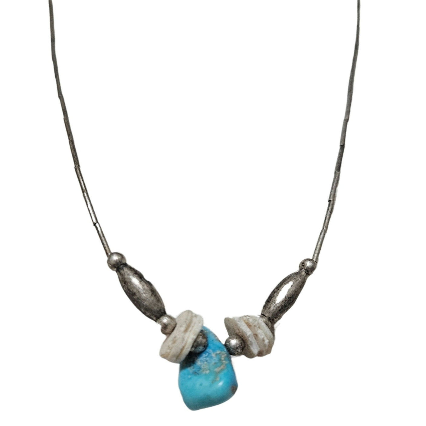 1970s Sterling Silver Liquid + Shell Beads + Uncut Turquoise Stone Necklace