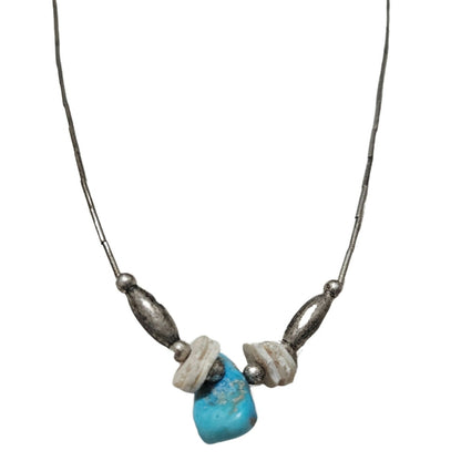 1970s Sterling Silver Liquid + Shell Beads + Uncut Turquoise Stone Necklace