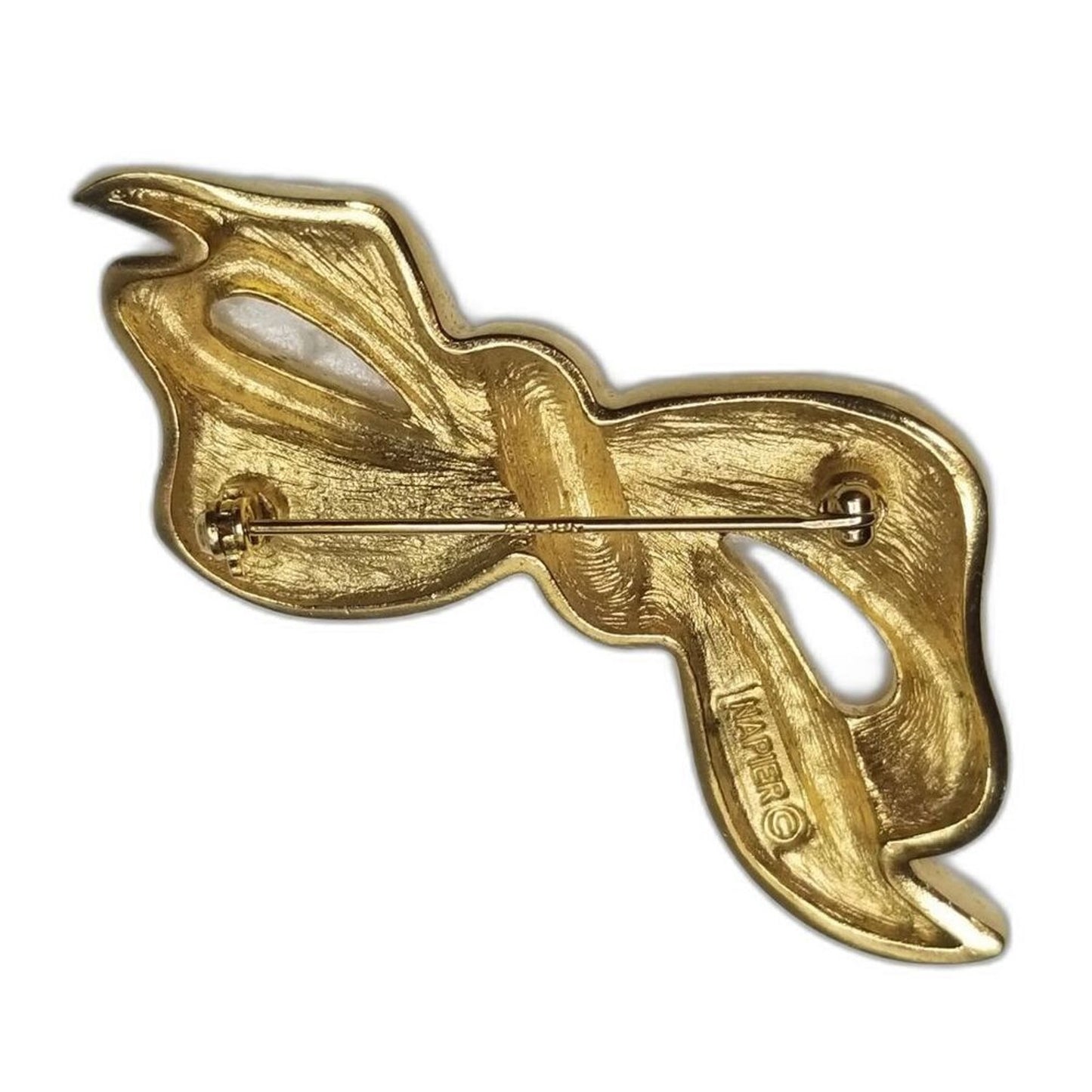 Vintage Polished Signed Napier Gold Tone Retro Bow Ribbon Brooch Safety Latch