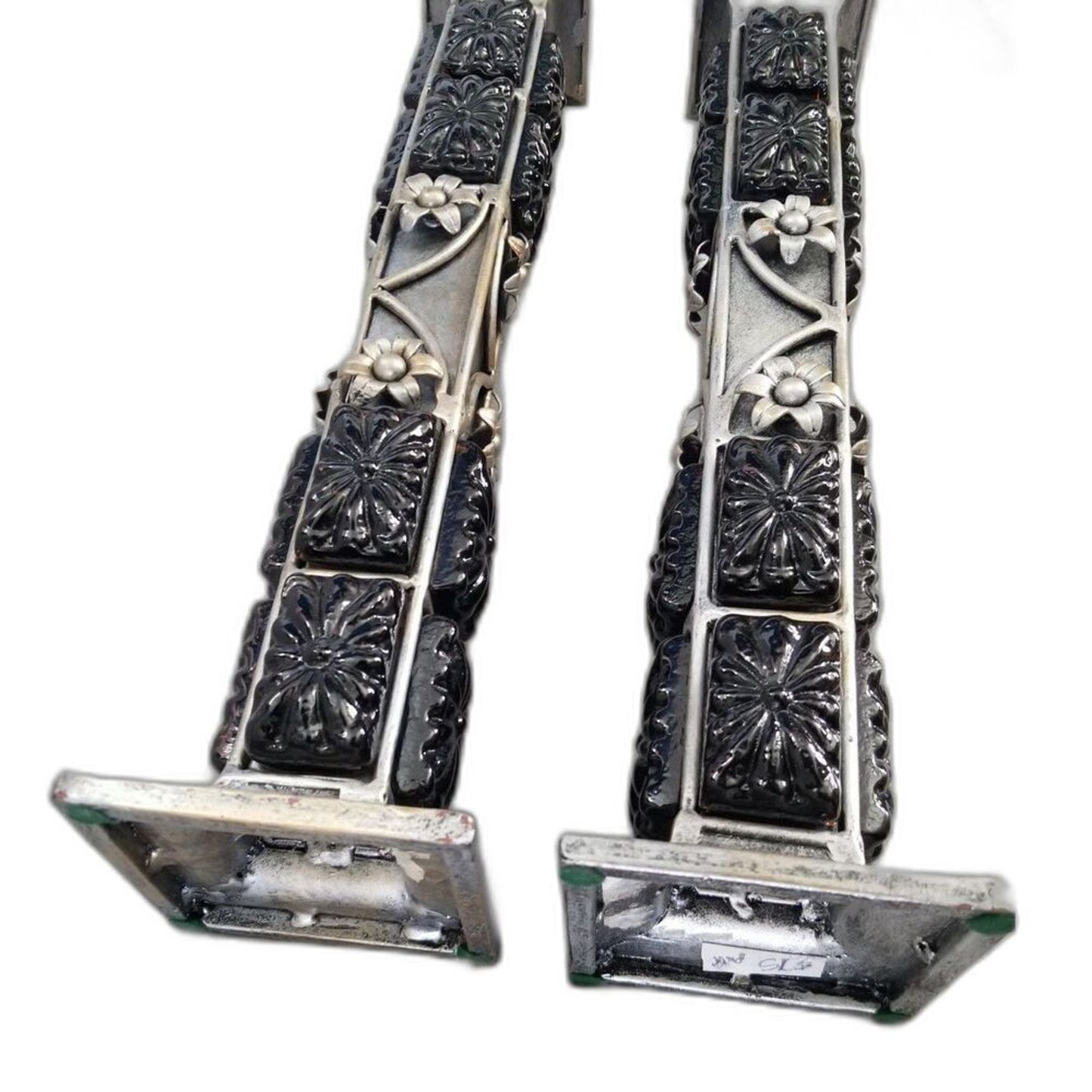 Vintage Heavy Candlesticks Black Ceramic Mixed Metals Flowers 15 In. Pair of Two