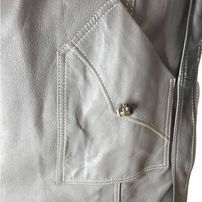 1970s Gray Belted Long Leather Trench Coat Collar Big Pockets Size Med Vintage