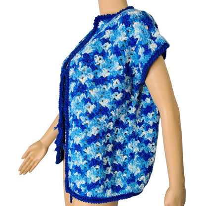 1970s Blue White Crochet Knit Cap Sleeves Tie Up Cardigan Sweater Size Large [Vintage]