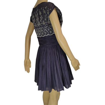 Free People Dark Purple Shirred Floral Embroidered Eyelet Dress Women's Size Small
