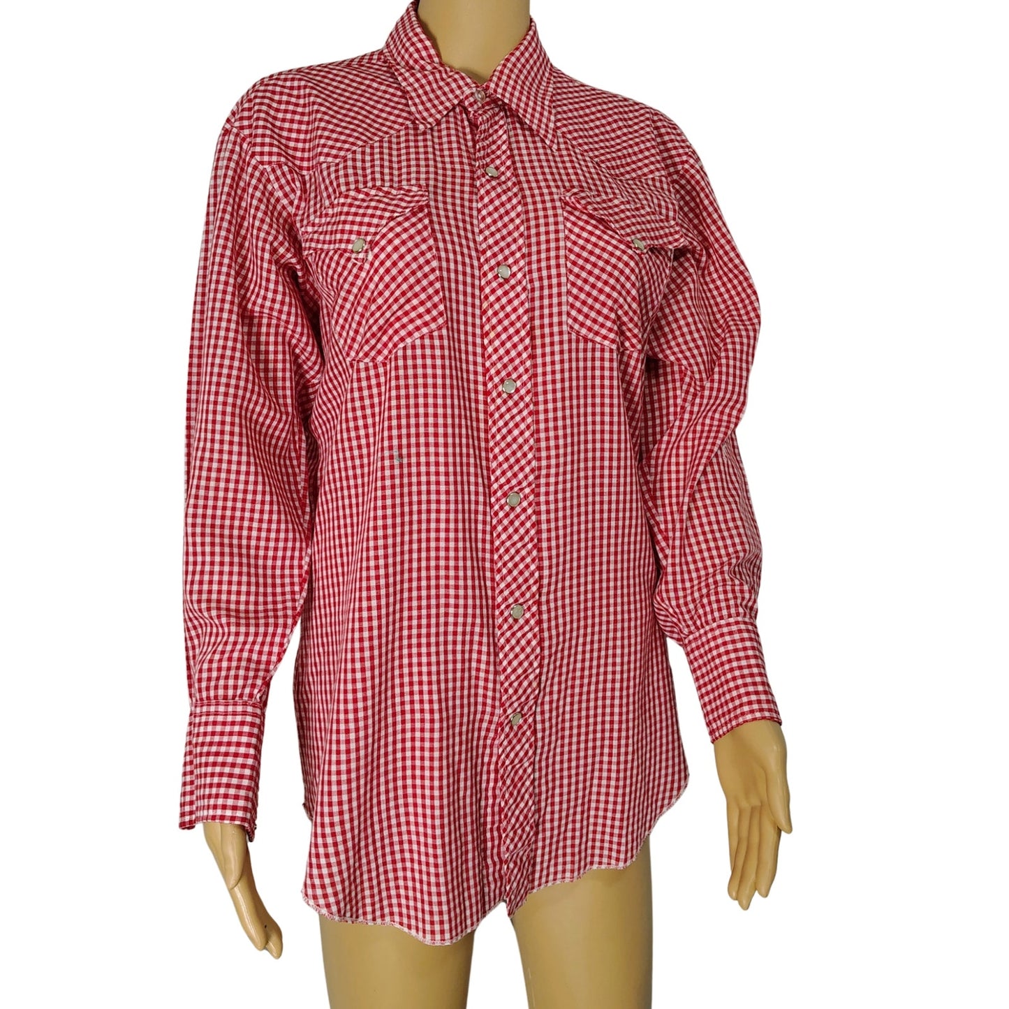 Ranchwear H Bar C Red White Checker Plaid Button Up Shirt Pearl Snaps  Size 16.5 [Vintage]