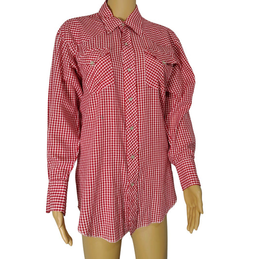 Ranchwear H Bar C Red White Checker Plaid Button Up Shirt Pearl Snaps  Size 16.5 [Vintage]