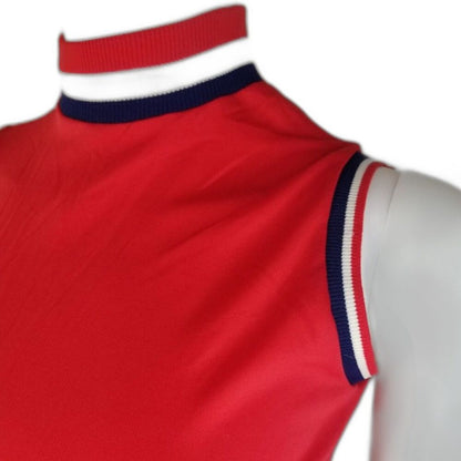 70s Red White Blue High Neckline Sleeveless High Neck Top Back Zipper Size Small [Vintage]