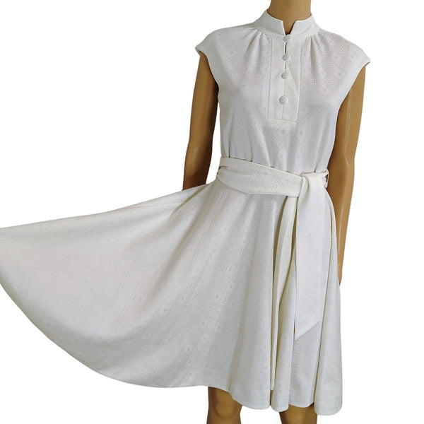 1970s Bleeker Street White Fit Flare Belted  Short Polyester Dress Size Small [Vintage]