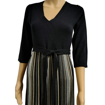 Studio 1 Striped Belted Midi Knit Fit & Flare V Neck Sweater Dress Black Size M