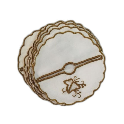 Vintage 70s White Gold Cloth Embroidered Cocktail Napkin Glass Covers Set of 11