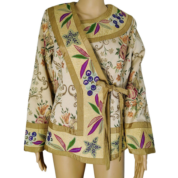 Metallic Thread Custom Beige Quilt Patchwork Floral Kimono Embroidered Size Small