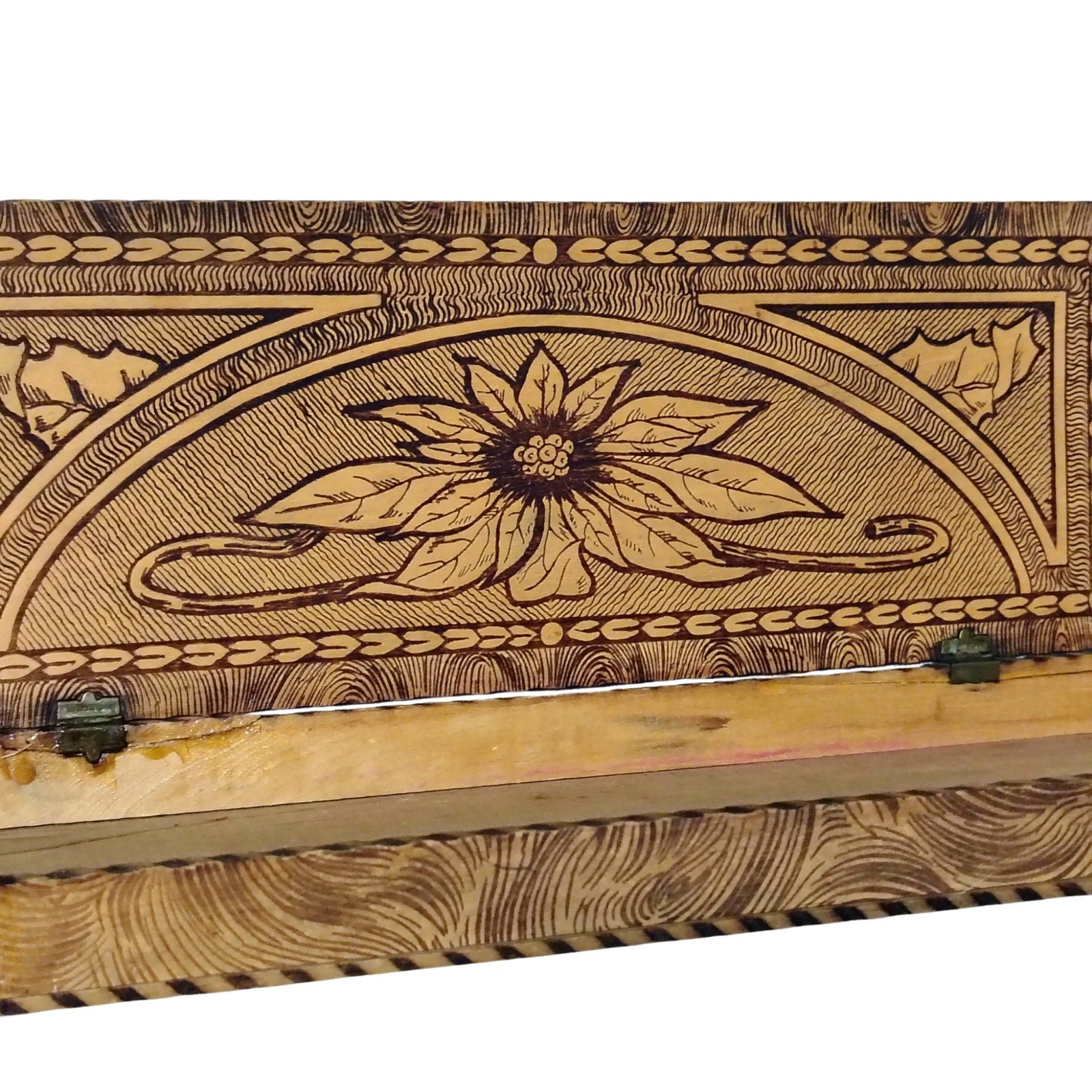 1930s Pyrography Glove Box Wooden Engraved Box Keepsake [Antique]