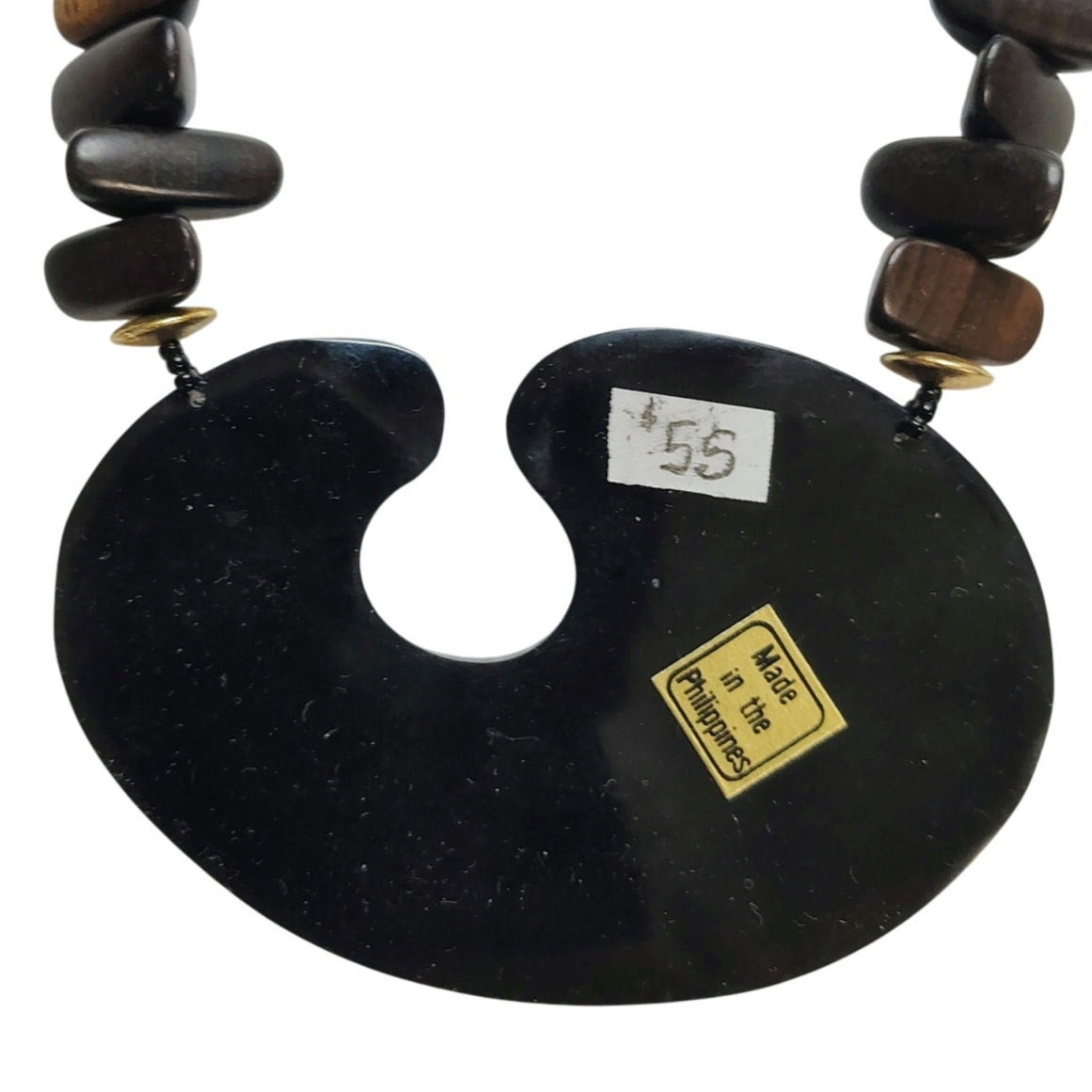 Vintage Blue Black Inlay Shell Beaded Lacquered Necklace Adjustable Chain Link