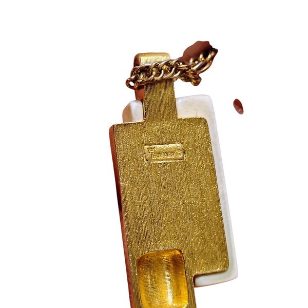 60s Vintage Crown Trifari Faux Ivory Lucite Gold Tone Pendant Chain Link Necklac