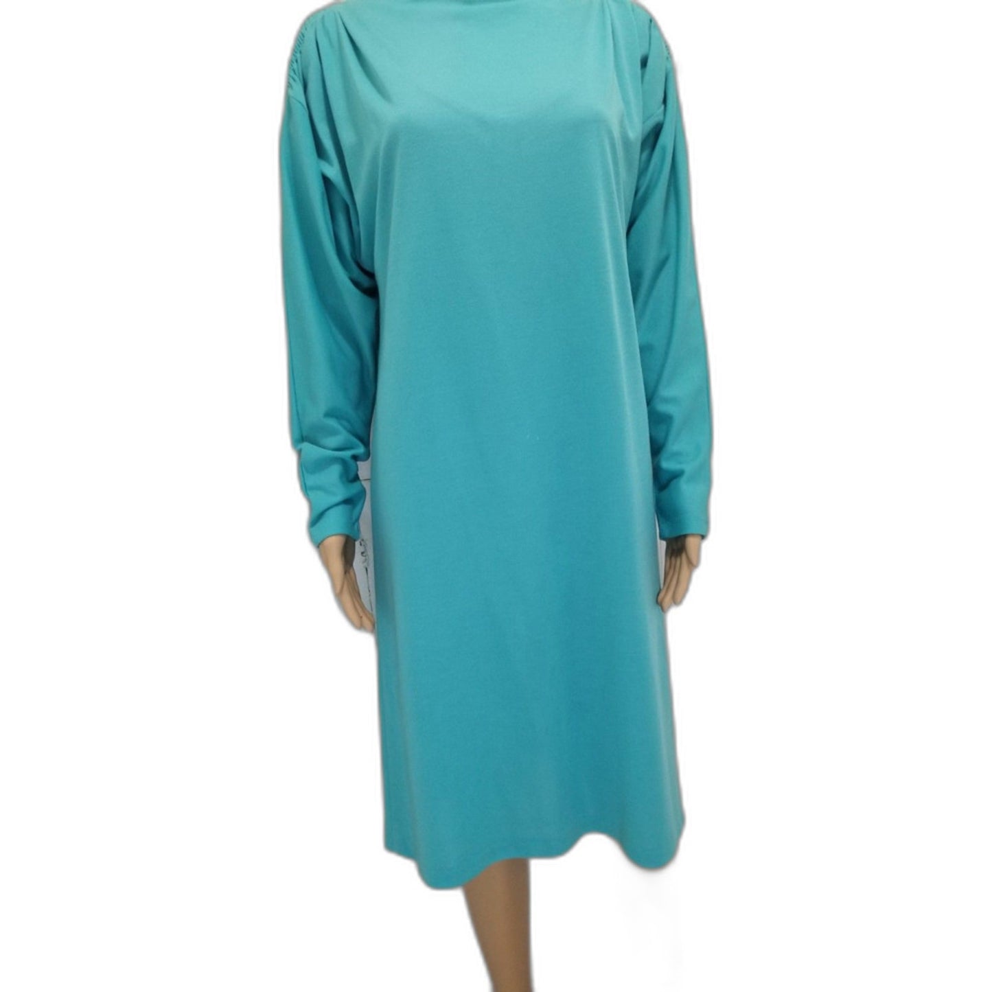 80s Vintage Handmade Long Sleeve Aquamarine High Neck Dress Size Medium
