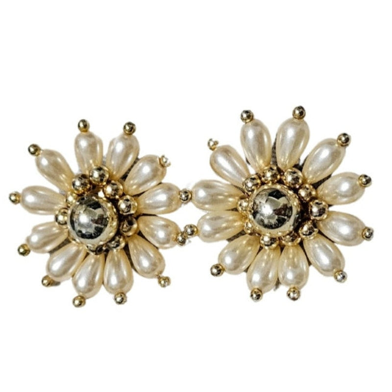 1960s Faux Pearl Cluster Huge Flower Clip-On Earrings with Gold Metal Details [Vintage]