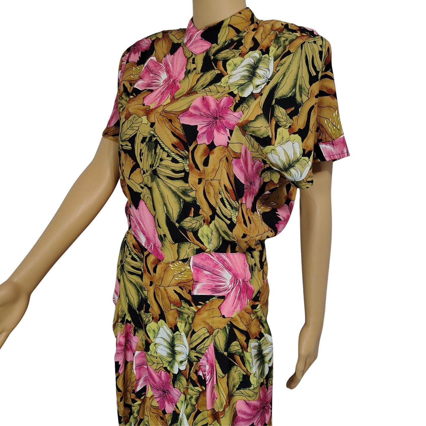 1980s April Rain Tropical Wiggle Dress Shoulder Pads Button Up Back Size Small [Vintage]