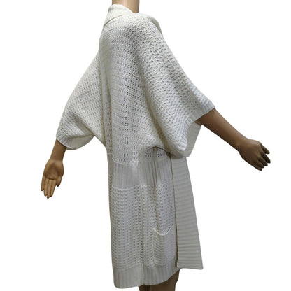 1990s Knit Wool Cardigan Cream Long Boho Open Front Short Sleeve Sweater Size L