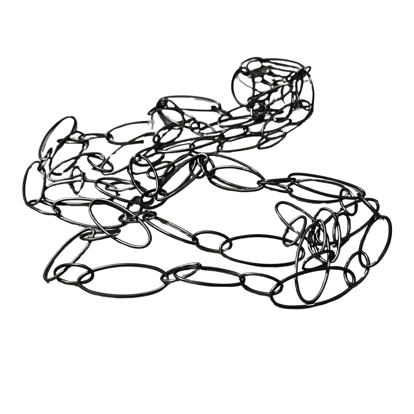 1950s MCM Gun Metal Thin Opera Length Long Open Silver Chain Link Necklace [Vintage]