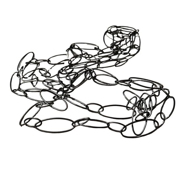 1950s MCM Gun Metal Thin Opera Length Long Open Silver Chain Link Necklace [Vintage]